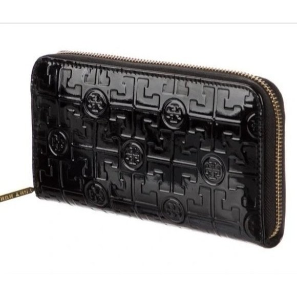 TORY BURCH Embossed Black Patent Leather T Logo Luxe Continental Wallet Clutch - Picture 3 of 14